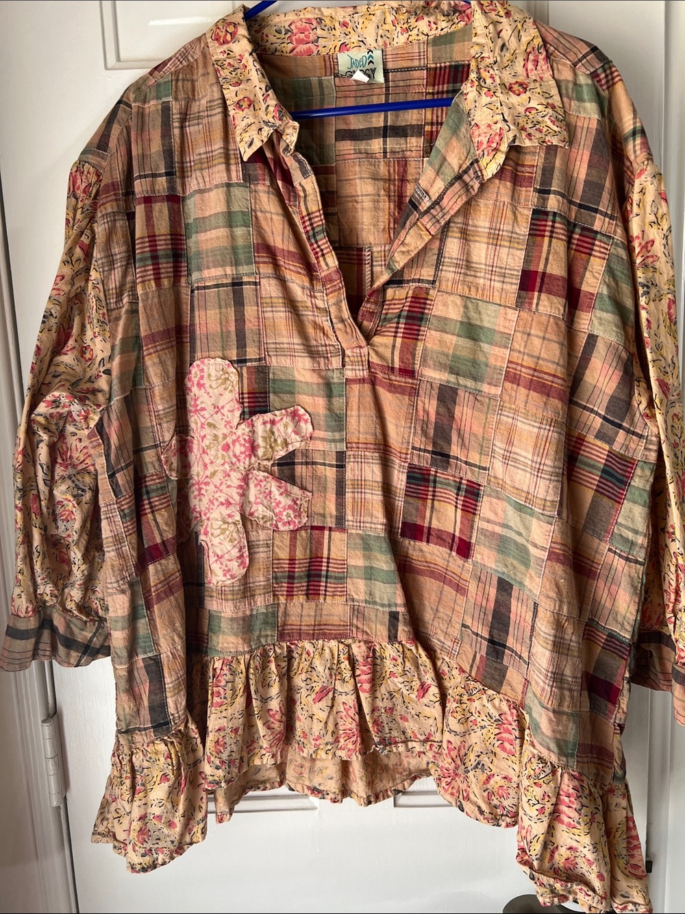 Boho Patchwork Plaid Ruffle Hem Women's Top - Beige Multi